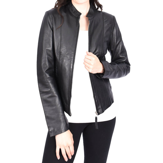 Womens Genuine Leather Jacket Soft Black, Casual Style with Front Zip Stand Collar JOJO