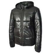Men's Black Quilted Leather Puffer Jacket With Removable Hood, Fully Padded Winter Coat Archie