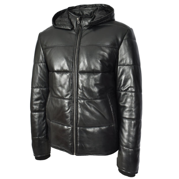 Men's Black Quilted Leather Puffer Jacket With Removable Hood, Fully Padded Winter Coat Archie