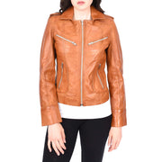 Womens Soft Tan Leather Biker Jackets Tailored Fit Zip Fasten Briar