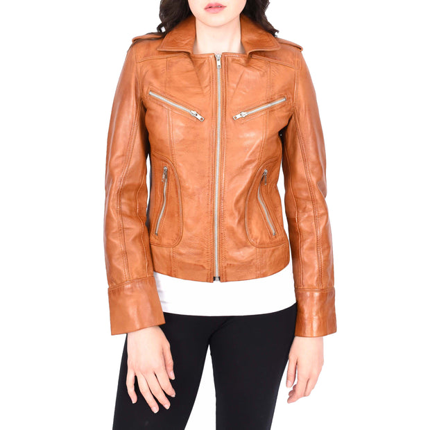 Womens Soft Tan Leather Biker Jackets Tailored Fit Zip Fasten Briar