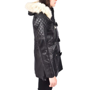 Women's Leather Duffle Coat Mid-Length with Removable Hood Quilted Details Helena Black