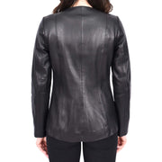 Womens Collarless Black Leather Jacket Hip Length Classic Style Zip Front Chelo