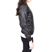 Womens Leather Bomber Jacket Black Zip Fasten Fitted Varsity Joy
