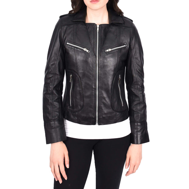 Womens Soft Black Leather Biker Jackets Tailored Fit Zip Fasten Briar