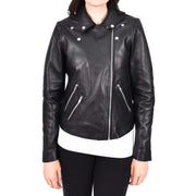 Women's Leather Biker Jacket Black Cross-Zip Fastening Casual Outerwear Delilah