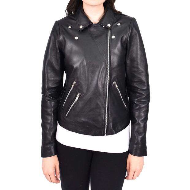 Women's Leather Biker Jacket Black Cross-Zip Fastening Casual Outerwear Delilah