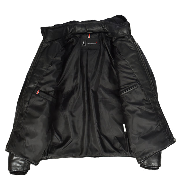 Men's Black Quilted Leather Puffer Jacket With Removable Hood, Fully Padded Winter Coat Archie