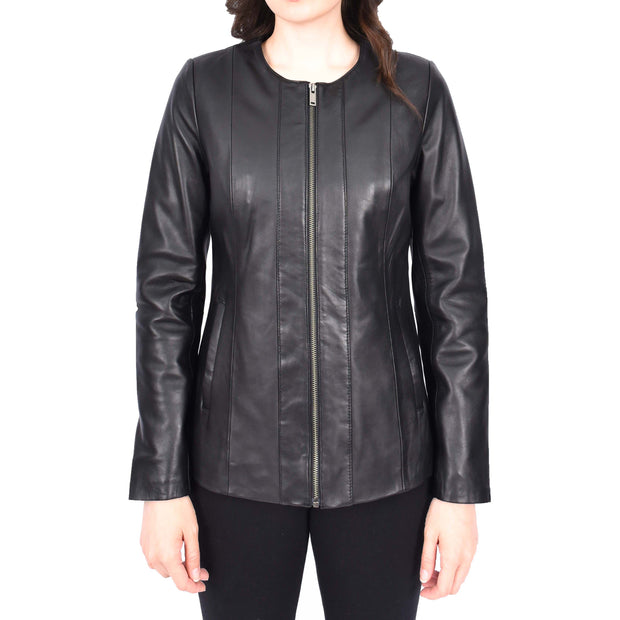 Womens Collarless Black Leather Jacket Hip Length Classic Style Zip Front Chelo
