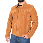 Mens Classic Tan Suede Trucker Jacket Fitted Leatherwear Casual Outerwear Finn
