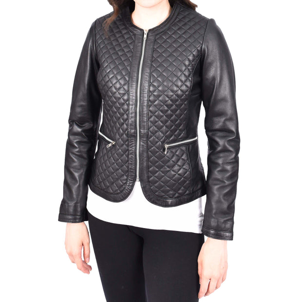 Womens Collarless Black Leather Jacket Fitted Quilted Zip Up - Remi