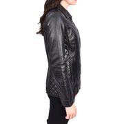 Womens Soft Black Leather Jacket Classic Fitted Quilted Hip Length Zip Fasten Paula