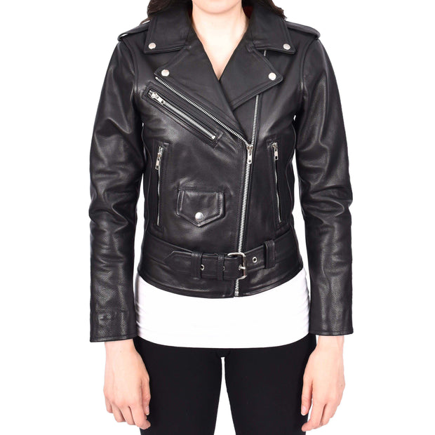 Womens Cowhide Black Biker Jacket Tough Heavy Duty Leather Brando Style Kira