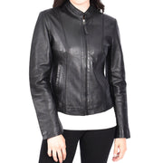 Womens Genuine Leather Jacket Soft Black, Casual Style with Front Zip Stand Collar JOJO
