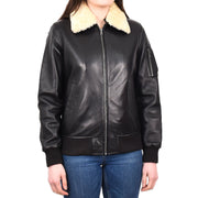 Womens Leather Bomber Jacket Black Removable Sheepskin Collar G-2 Style Dolly
