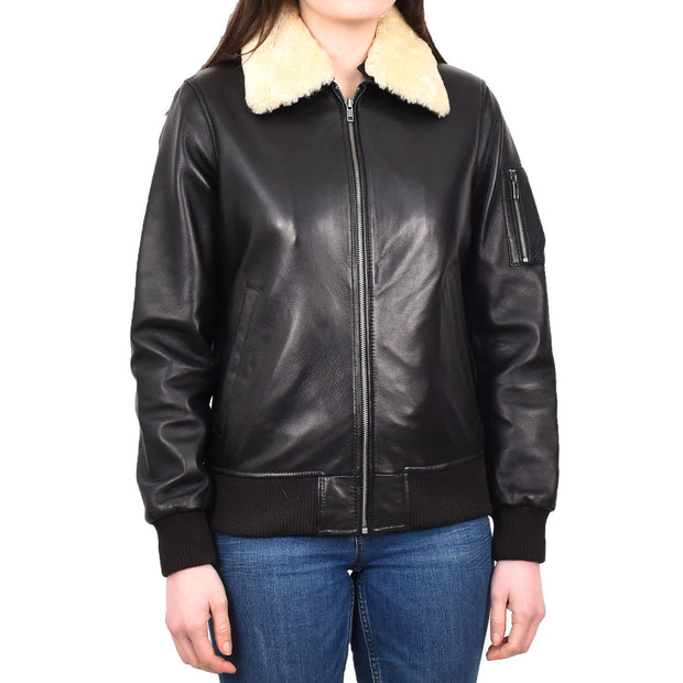 Womens Leather Bomber Jacket Black Removable Sheepskin Collar G-2 Style Dolly