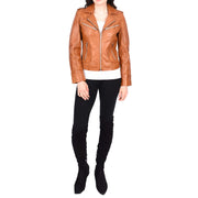 Womens Soft Tan Leather Biker Jackets Tailored Fit Zip Fasten Briar