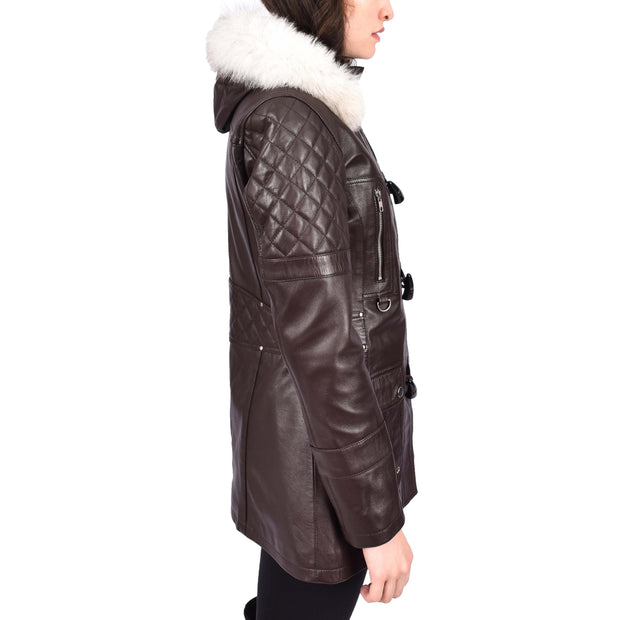 Women's Leather Duffle Coat Mid-Length with Removable Hood Quilted Details Helena Brown