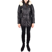 Women's Leather Duffle Coat Mid-Length with Removable Hood Quilted Details Helena Black