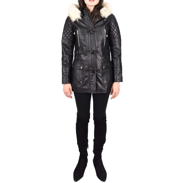 Women's Leather Duffle Coat Mid-Length with Removable Hood Quilted Details Helena Black
