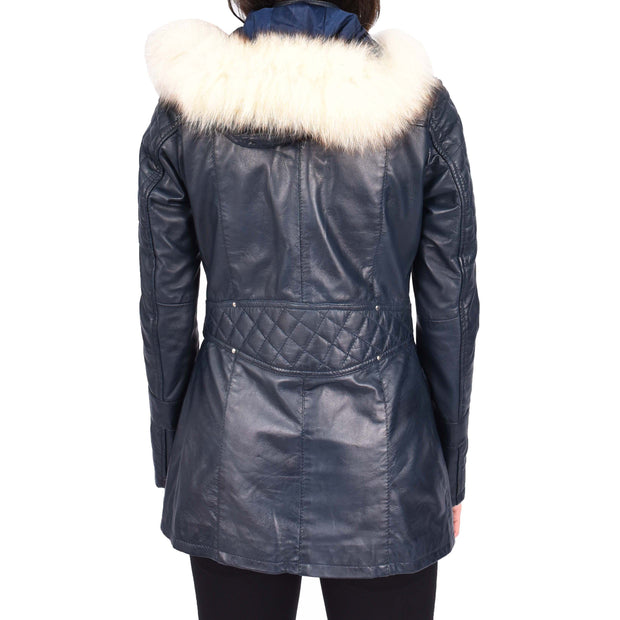Women's Leather Duffle Coat Mid-Length with Removable Hood Quilted Details Helena Navy