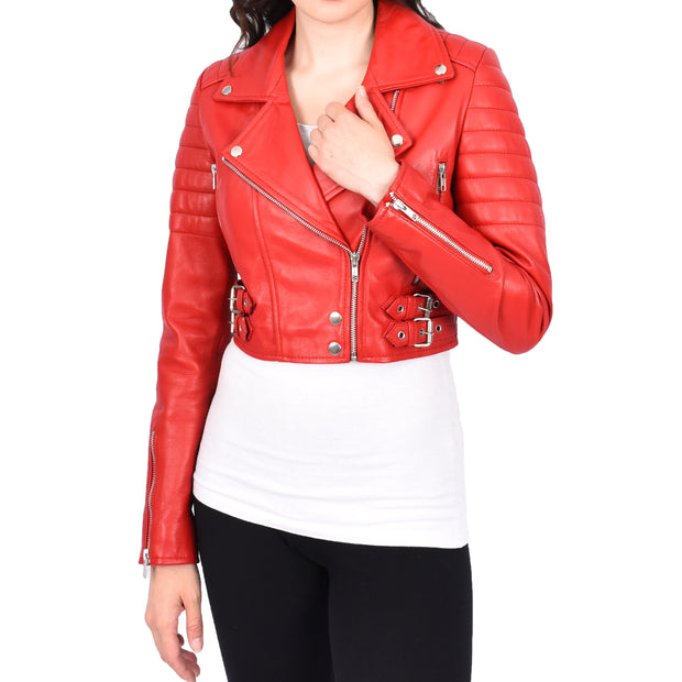 Womens Fitted Cropped Bustier Style Leather Jacket Amanda Red