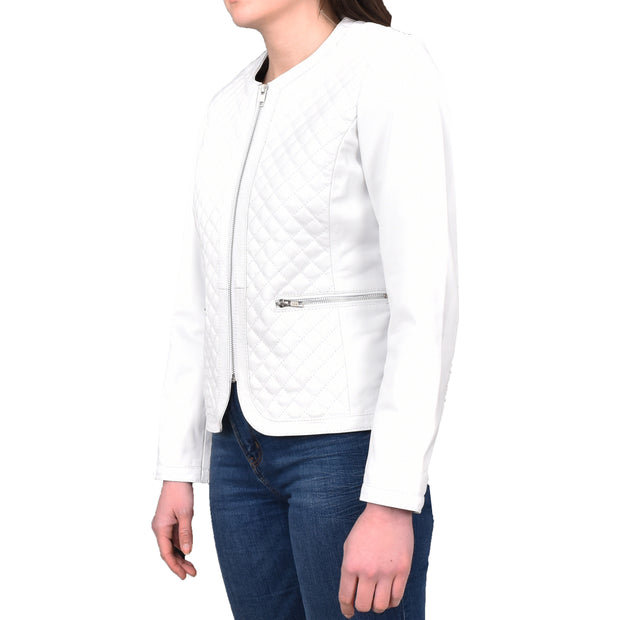 Womens Collarless White Leather Jacket Fitted Quilted Zip Up - Remi