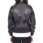 Womens Leather Bomber Jacket Black Zip Fasten Fitted Varsity Joy