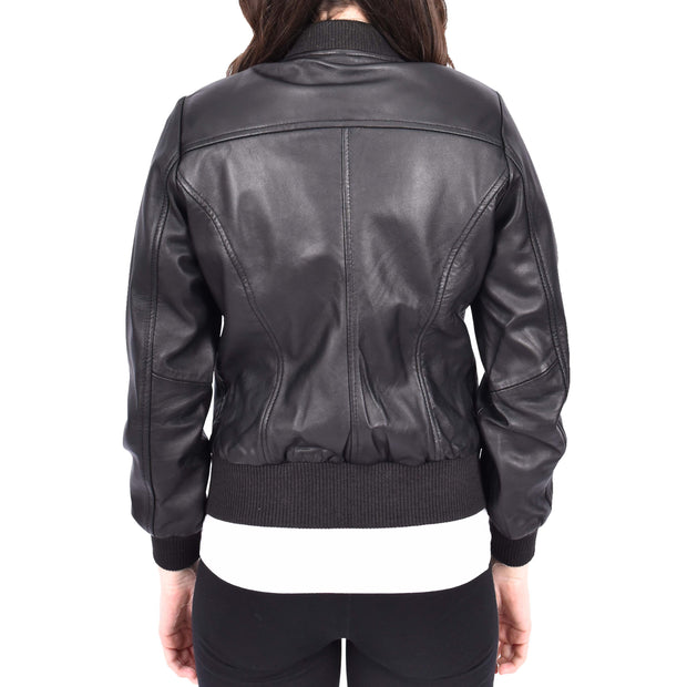 Womens Leather Bomber Jacket Black Zip Fasten Fitted Varsity Joy