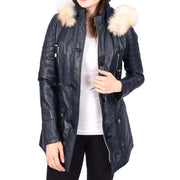 Women's Leather Duffle Coat Mid-Length with Removable Hood Quilted Details Helena Navy