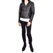 Women's Leather Biker Jacket Black Cross-Zip Fastening Casual Outerwear Delilah