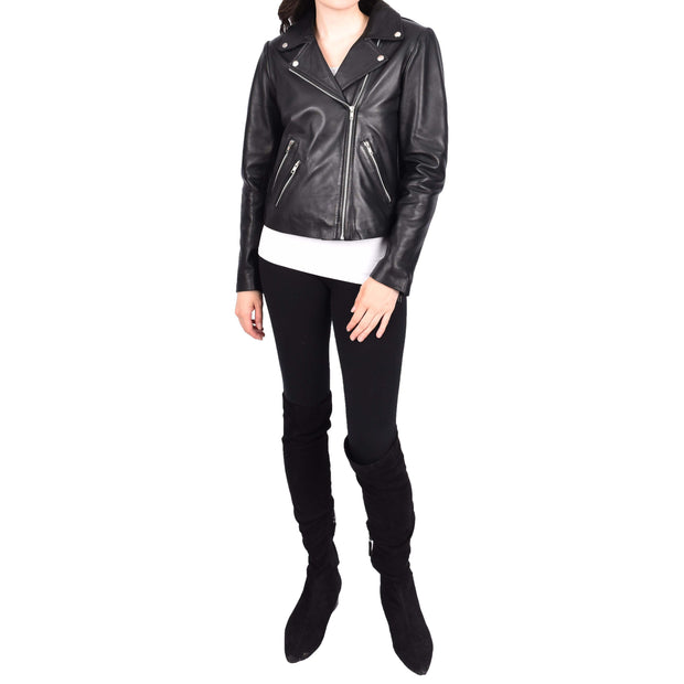 Women's Leather Biker Jacket Black Cross-Zip Fastening Casual Outerwear Delilah