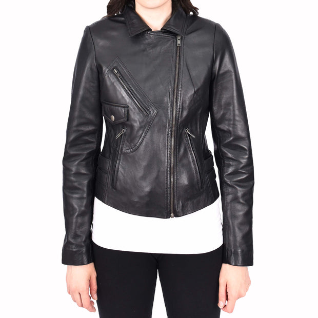 Womens Luxurious Black Leather Biker Jacket Italian Designer Coat Caily