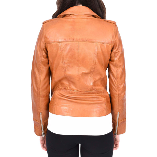 Womens Soft Tan Leather Biker Jackets Tailored Fit Zip Fasten Briar