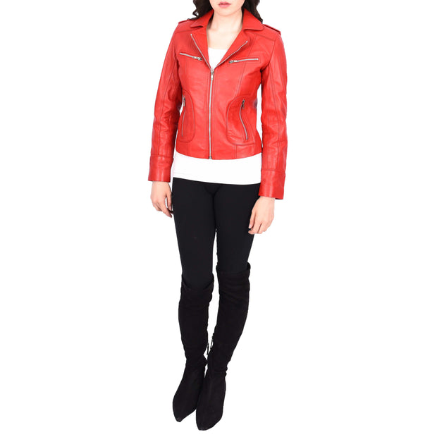Womens Soft Red Leather Biker Jackets Tailored Fit Zip Fasten Briar