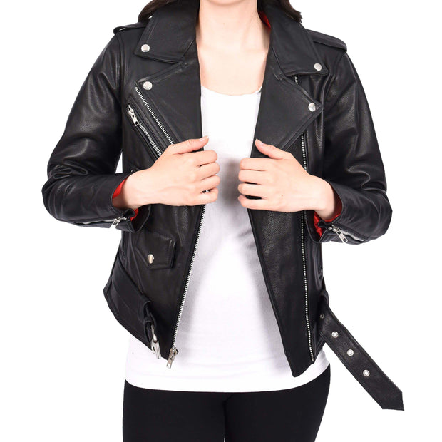 Womens Cowhide Black Biker Jacket Tough Heavy Duty Leather Brando Style Kira