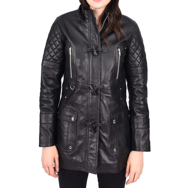 Women's Leather Duffle Coat Mid-Length with Removable Hood Quilted Details Helena Black
