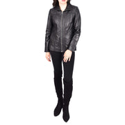 Womens Soft Black Leather Jacket Classic Fitted Quilted Hip Length Zip Fasten Paula