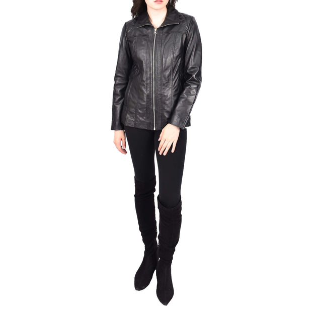 Womens Soft Black Leather Jacket Classic Fitted Quilted Hip Length Zip Fasten Paula