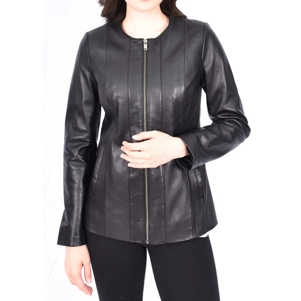 Womens Collarless Black Leather Jacket Hip Length Classic Style Zip Front Chelo