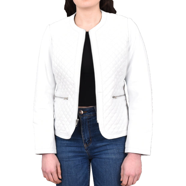 Womens Collarless White Leather Jacket Fitted Quilted Zip Up - Remi