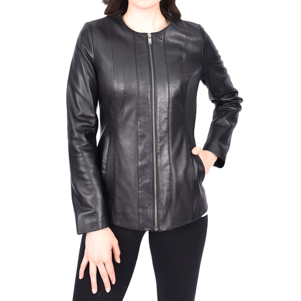 Womens Collarless Black Leather Jacket Hip Length Classic Style Zip Front Chelo
