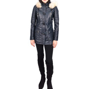 Women's Leather Duffle Coat Mid-Length with Removable Hood Quilted Details Helena Navy