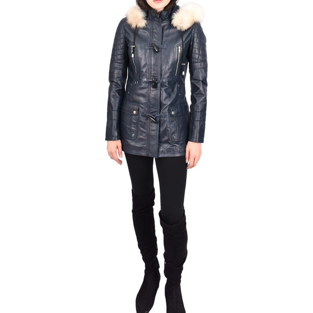 Women's Leather Duffle Coat Mid-Length with Removable Hood Quilted Details Helena Navy