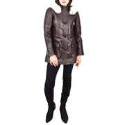 Women's Leather Duffle Coat Mid-Length with Removable Hood Quilted Details Helena Brown