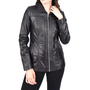 Womens Soft Black Leather Jacket Classic Fitted Quilted Hip Length Zip Fasten Paula