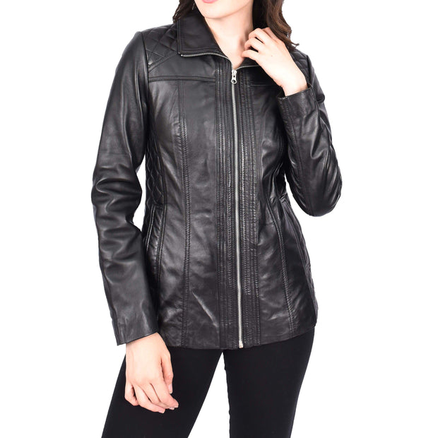Womens Soft Black Leather Jacket Classic Fitted Quilted Hip Length Zip Fasten Paula