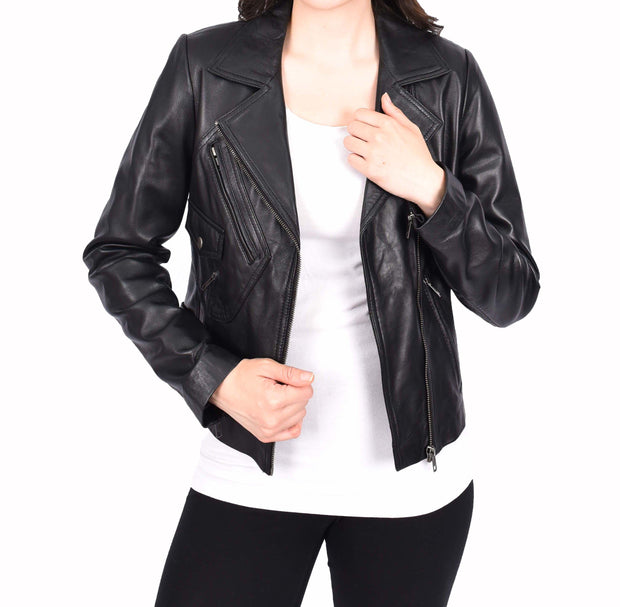 Womens Luxurious Black Leather Biker Jacket Italian Designer Coat Caily