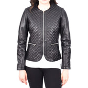 Womens Collarless Black Leather Jacket Fitted Quilted Zip Up - Remi