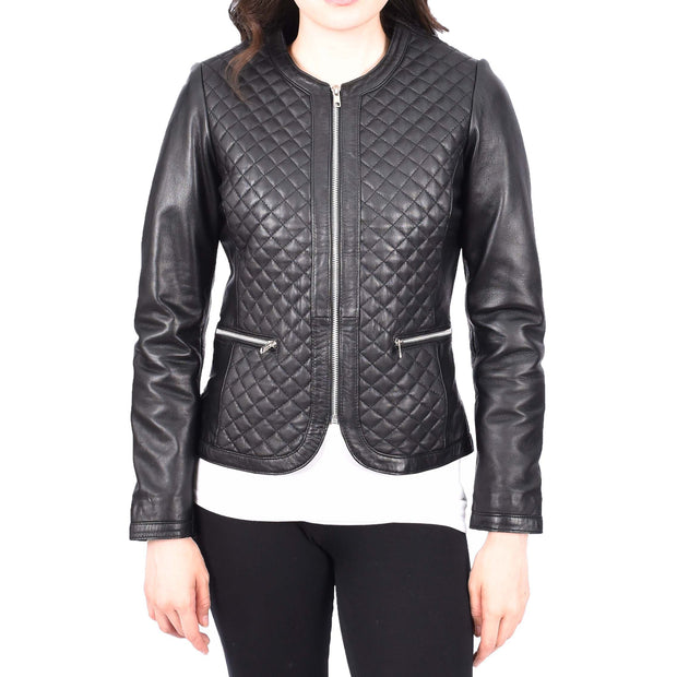 Womens Collarless Black Leather Jacket Fitted Quilted Zip Up - Remi